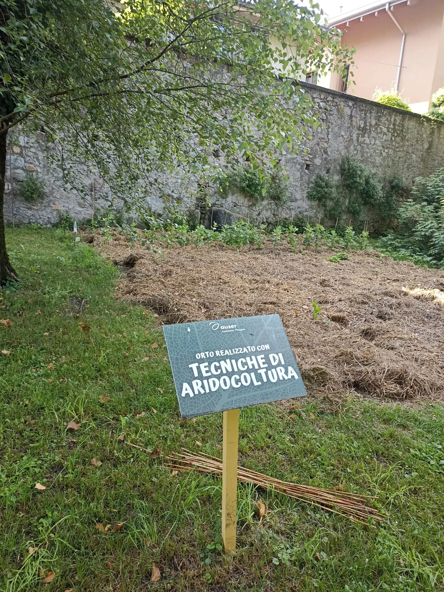 L’orto realizzato con tecniche di aridocoltura, con il terreno coperto di paglia e il cartello dell’area