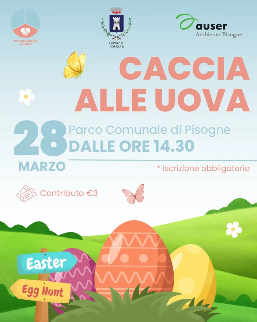 Locandina della Caccia alle Uova del 28 marzo al Parco Comunale di Pisogne, dalle ore 14.30, con contributo di 3 euro e iscrizione obbligatoria