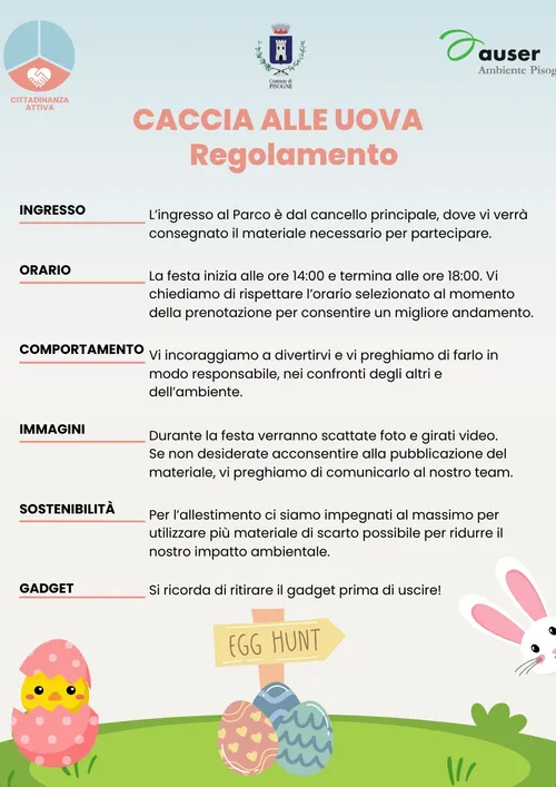 Regolamento della Caccia alle Uova: ingresso, orari, comportamento, immagini, sostenibilità e gadget