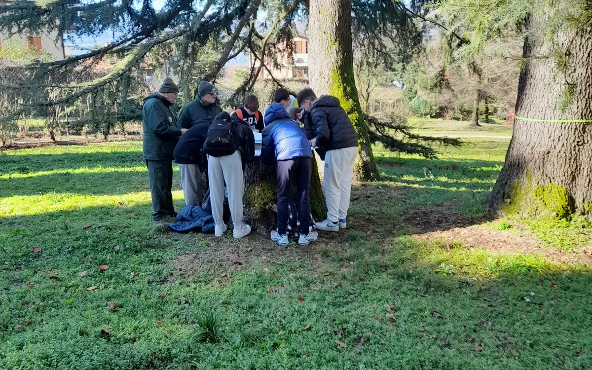 Gruppo di studenti con un tecnico raccolti attorno al grande tronco di un albero nel prato del Parco Comunale Damioli, mentre ne osservano le caratteristiche.