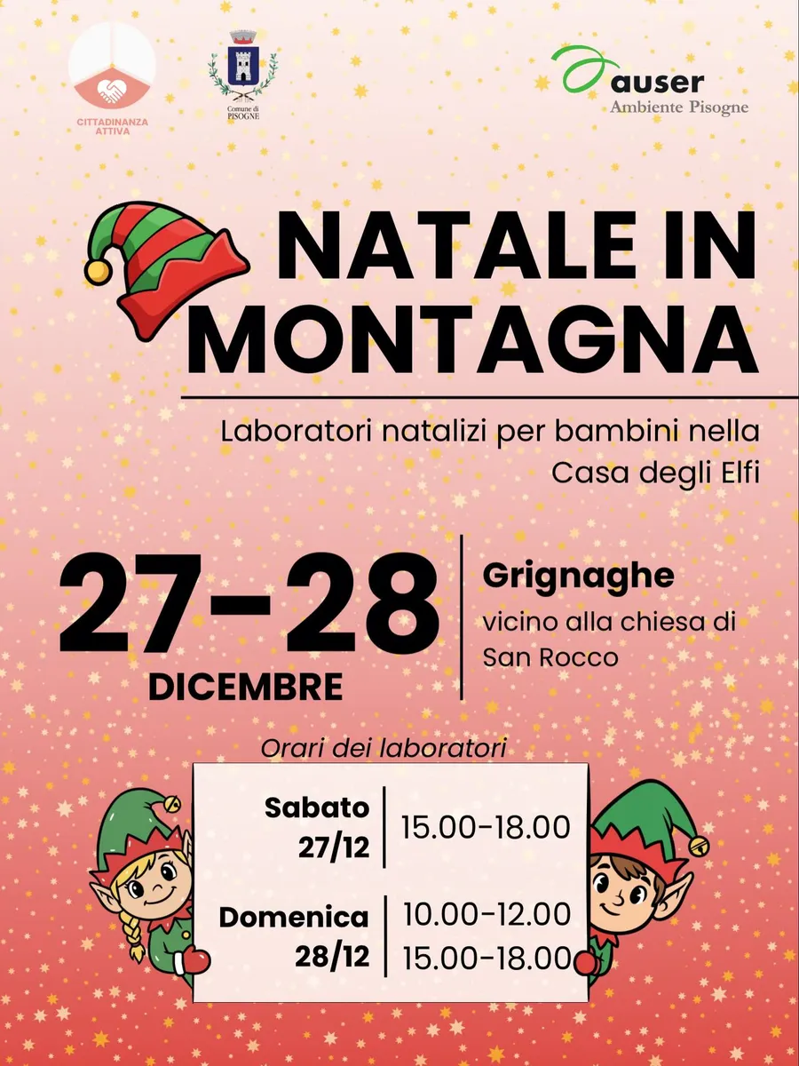 Locandina di Natale in montagna con gli orari dei laboratori del 27 e 28 dicembre a Grignaghe, vicino alla chiesa di San Rocco