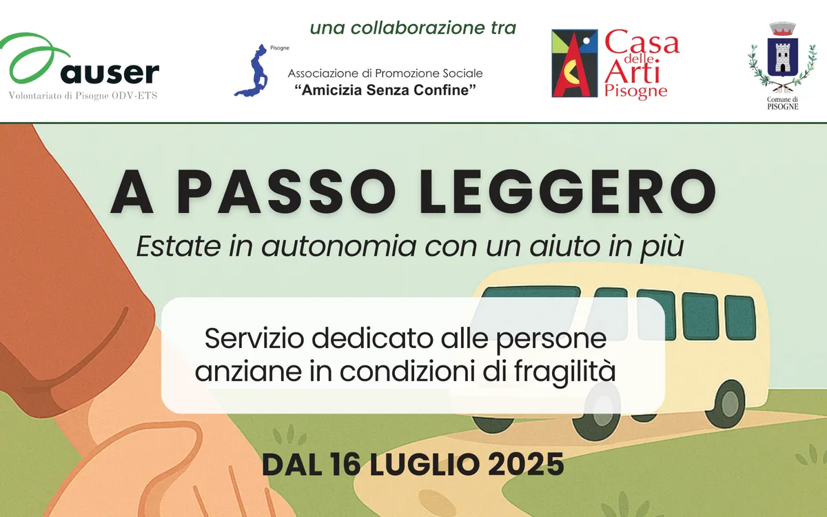 Locandina del servizio A passo leggero: una mano accompagna un'altra lungo un sentiero, con un pulmino sullo sfondo