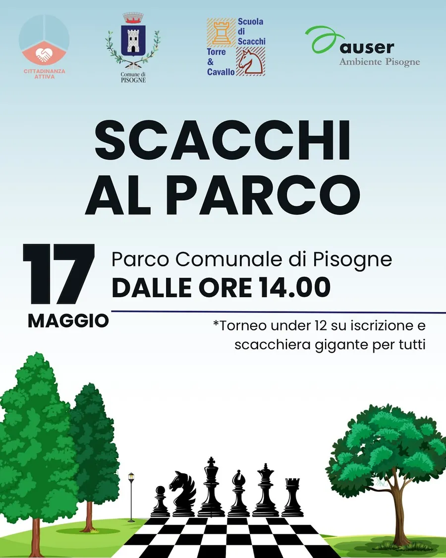 Locandina di Scacchi al parco, 17 maggio al Parco Damioli di Pisogne dalle ore 14.00