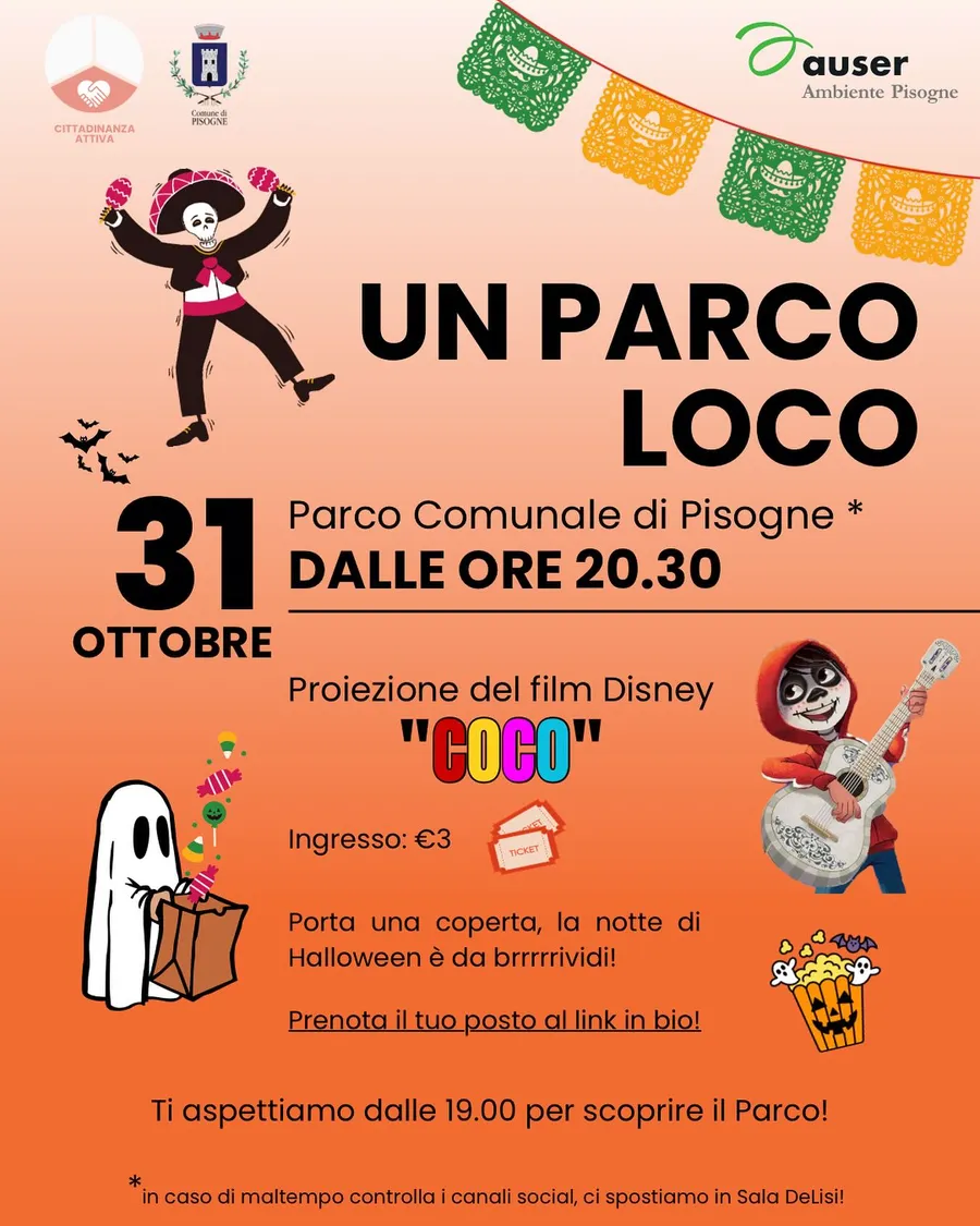 Locandina di Un Parco Loco, festa di Halloween del 31 ottobre al Parco Damioli di Pisogne, con proiezione del film Disney Pixar Coco